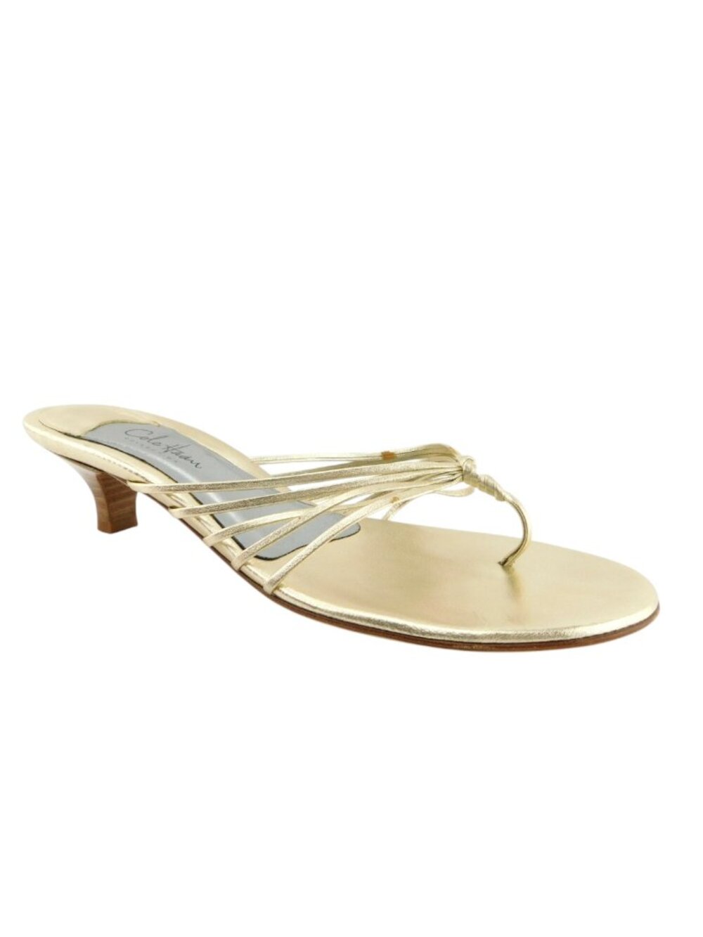 COLE HAAN Gold Metallic Leather Strappy Thong Evening Sandal Heels Italy 6.5